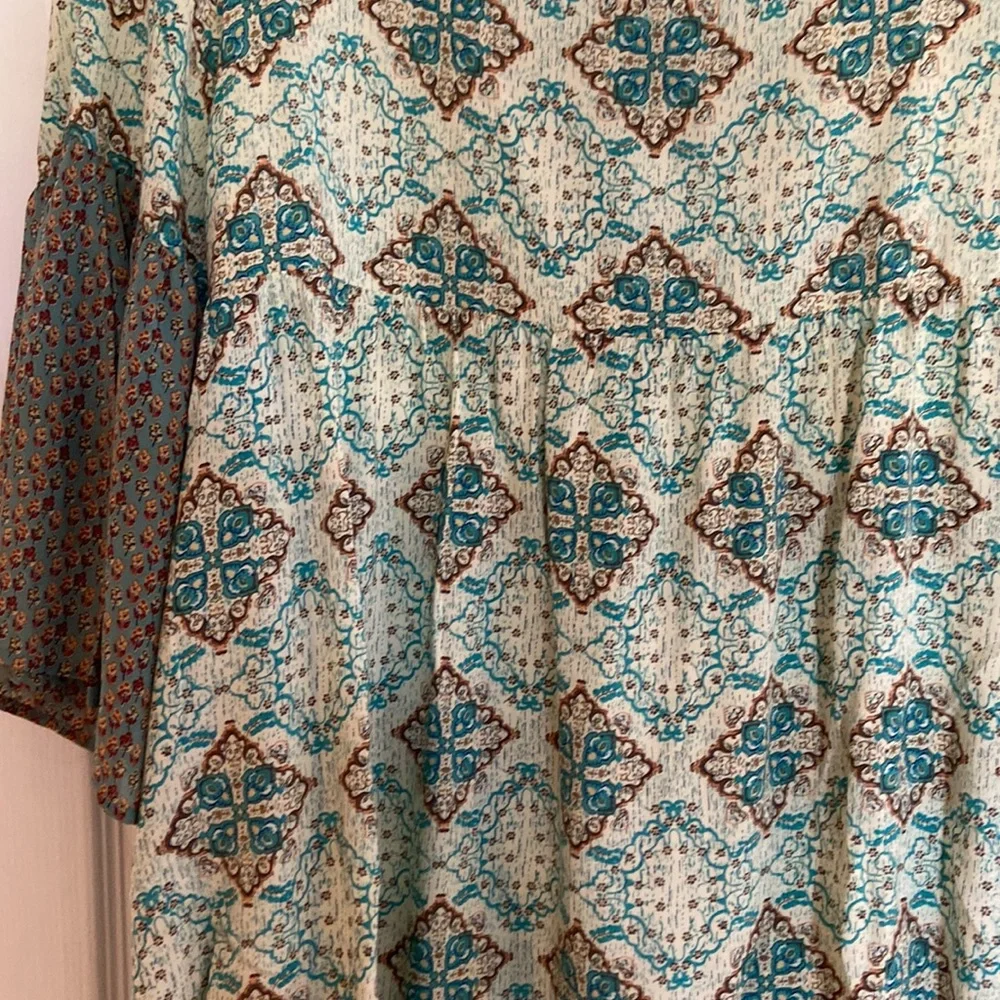 Umgee Aqua Teal Patterned Mini Dress with Olive Bell Sleeves - Picture 5 of 11